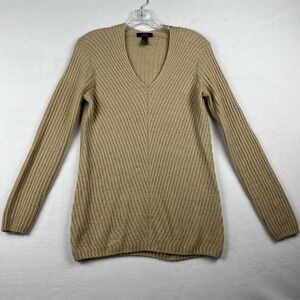 Urban Heritage Sweater Women's Small Tan Knit Ribbed V-Neck Classic Pullover